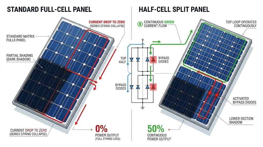 Diagram comparing standard full-cell solar panel current collapse with half-cell split-string parallel circuit topology during partial shading, showing 50% power retention via bypass diodes. Diagram comparing standard full-cell solar panel current collapse with half-cell split-string parallel circuit topology during partial shading, showing 50% power retention via bypass diodes.