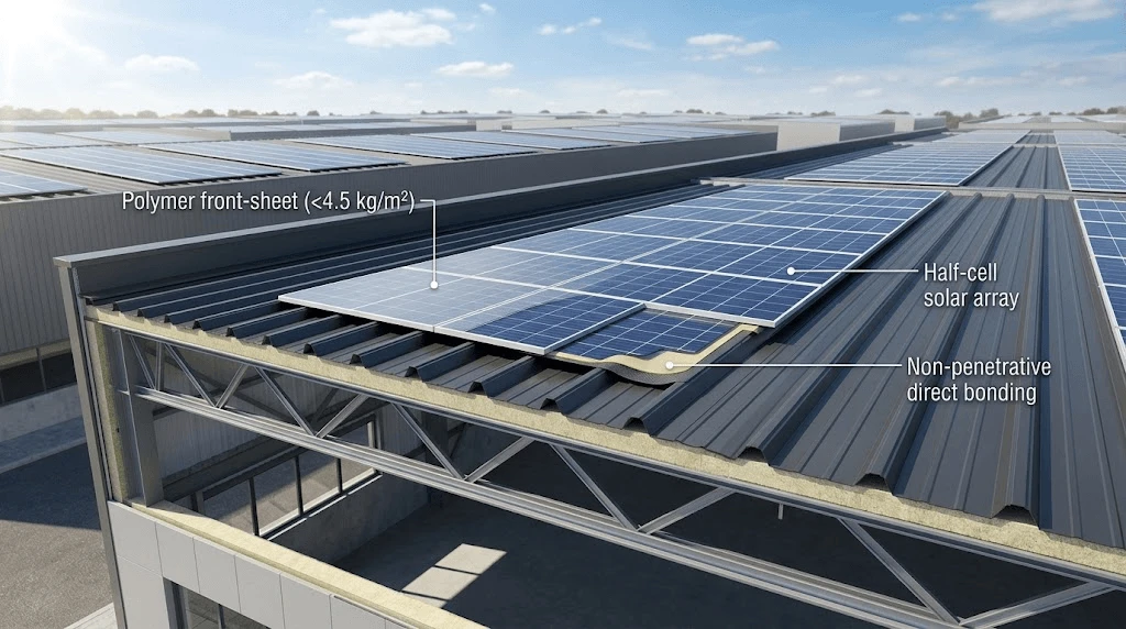 Cross-section engineering schematic showing a lightweight polymer half-cell solar panel bonded directly to a trapezoidal commercial metal roof without structural reinforcement. Cross-section engineering schematic showing a lightweight polymer half-cell solar panel bonded directly to a trapezoidal commercial metal roof without structural reinforcement.