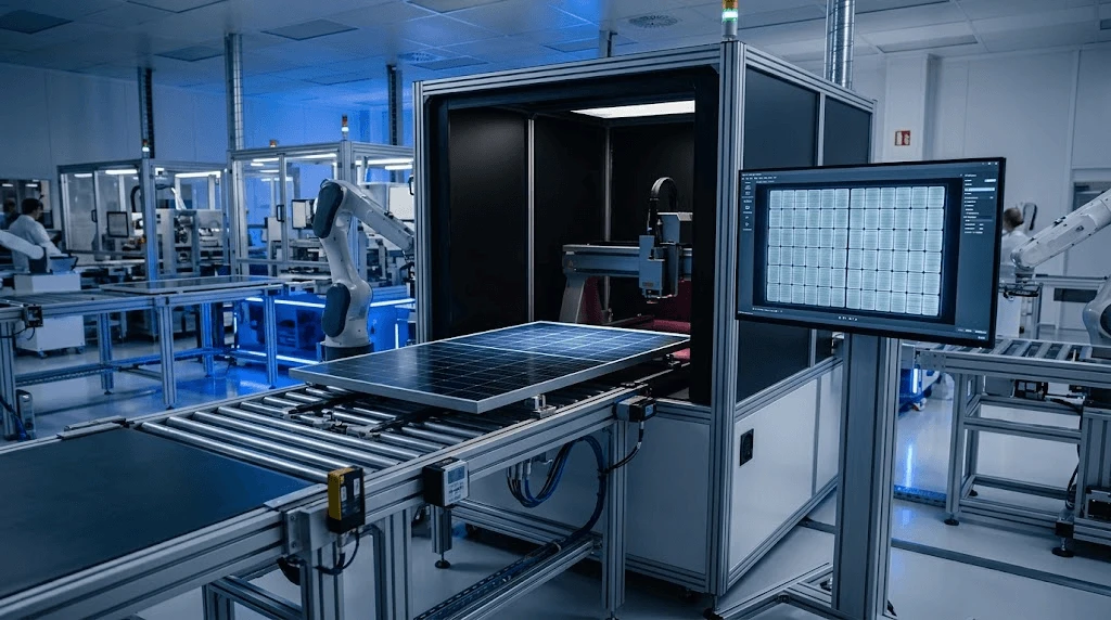 Industrial quality control process showing dual Electroluminescence (EL) testing for micro-crack detection in half-cell solar panel manufacturing. Industrial quality control process showing dual Electroluminescence (EL) testing for micro-crack detection in half-cell solar panel manufacturing.