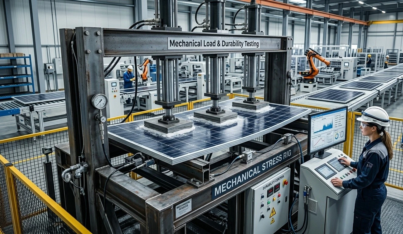 455W monocrystalline solar panel undergoing 5400Pa snow load and 2400Pa wind load factory testing. 455W monocrystalline solar panel undergoing 5400Pa snow load and 2400Pa wind load factory testing.